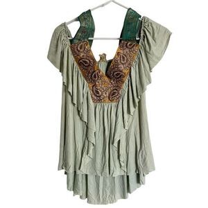 Free People Maheya Vintage Aqua Metallic Ruffle Off Shoulder Top RARE‎ XS